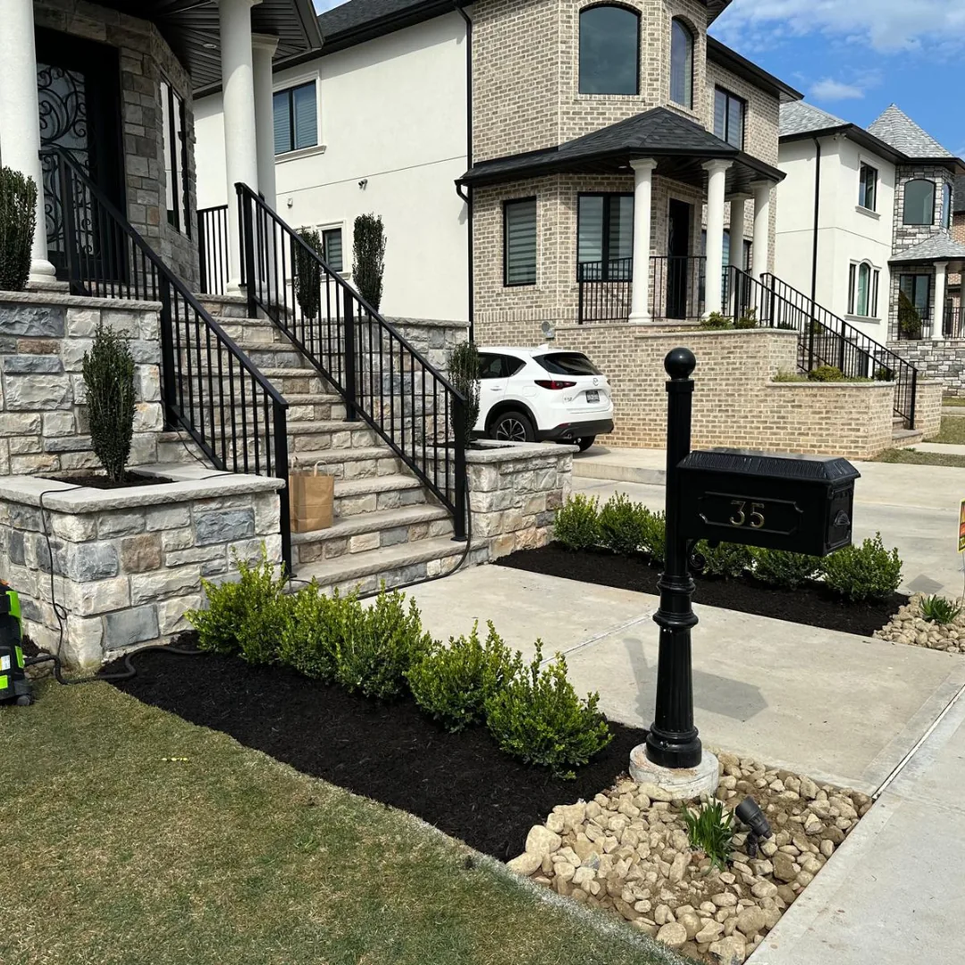 Front yard landscaping with new mulch and shrubs.